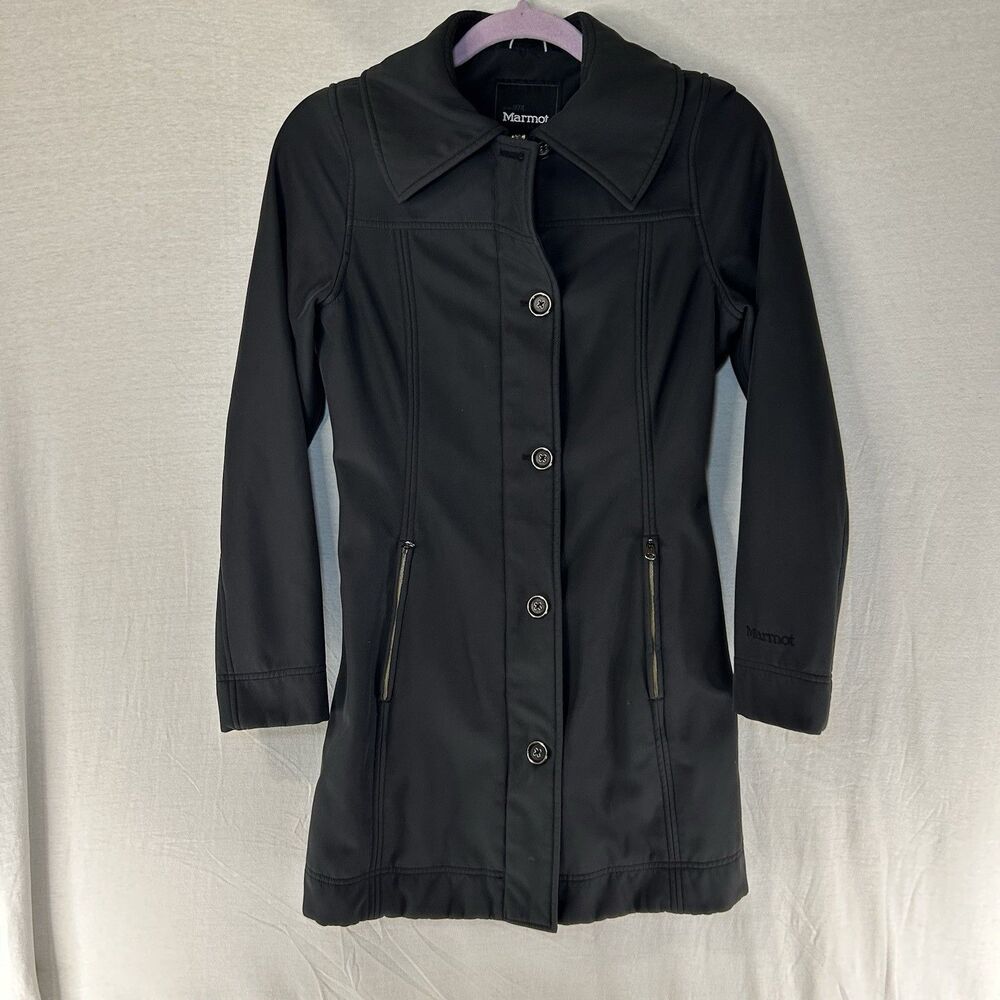 Marmot Womens Small Black Softshell Long Trench Coat Button And Zip
